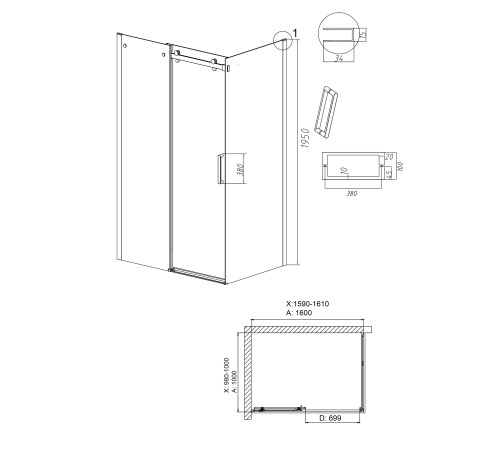 Душевое ограждение Grossman Classic 100.K33.04.160.42.00-200.K33.04.100.42.00 (160х100х195) раздвижная,графит сатин,стекло прозрачное