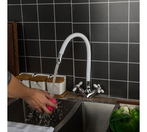 Смеситель для кухни с гибким изливом FRUD R44127-7, хром/белый