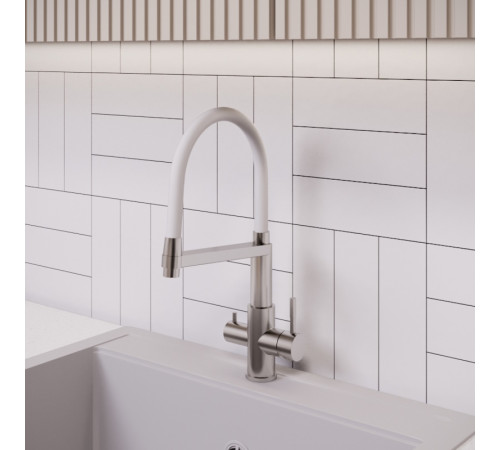 Смеситель для кухни с гибким изливом и подключением фильтра Esko Kitchen K26 W, сатин/белый
