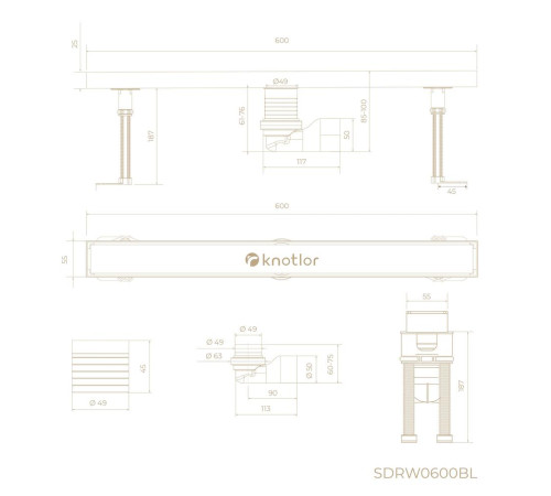 Душевой трап линейный Knotlor SDRW0600BL, матовый черный