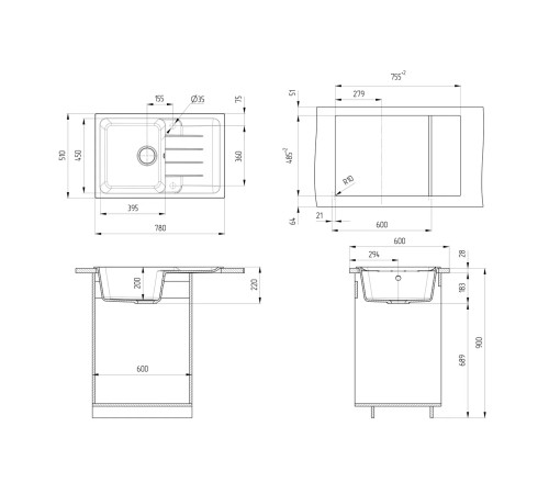Кухонная мойка Ulgran Quartz Gerda 780-06, трюфель