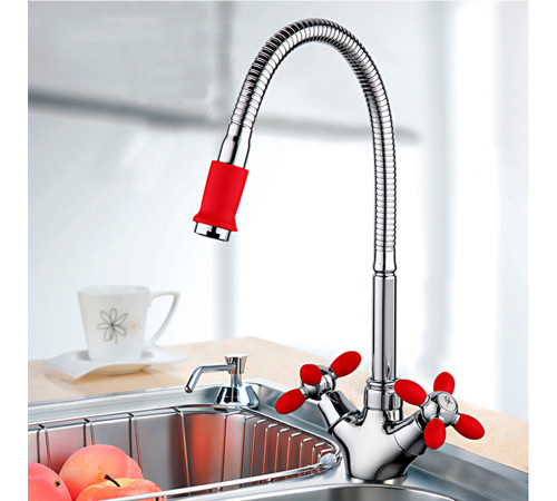 Смеситель для кухни с гибким изливом FRUD R43127-10, хром/красный