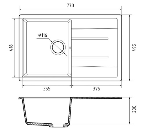 Кухонная мойка GranFest QUADRO 780L, иней