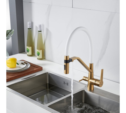 Смеситель для кухни с гибким изливом и подключением фильтра Shevanik S278G, золотой сатин