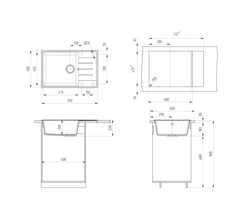 Кухонная мойка Ulgran Quartz Prima 760-04, платина
