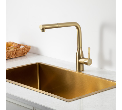 Смеситель для кухни с выдвижным изливом и режимом душ FRAP F6096-3, золотой сатин