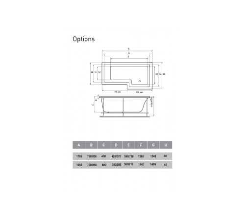 Ванна акриловая правосторонняя Vayer Options Гл000023295, 165x85