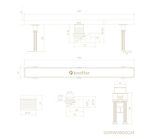 Душевой трап линейный Knotlor SDRW0900GM, вороненая сталь