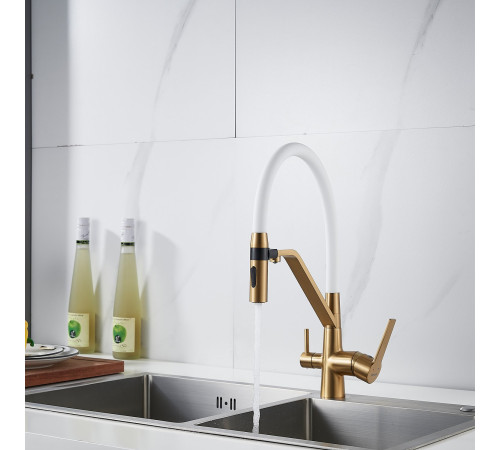 Смеситель для кухни с гибким изливом и подключением фильтра Shevanik S278G, золотой сатин