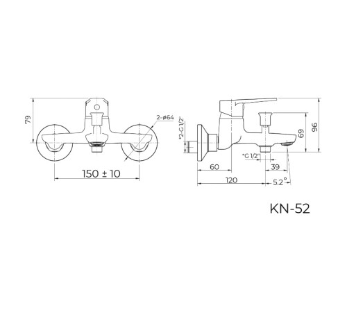 Смеситель для ванны Knotlor KN-52, хром