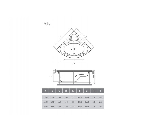 Ванна акриловая угловая Relisan MIRA Гл000000545, 135x135