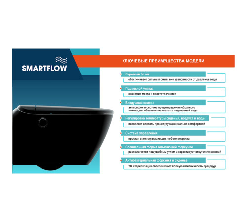 Умный унитаз SMARTFLOW безободковый с микролифтом SMF3017T-WH, белый