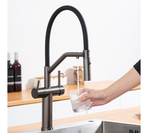Смеситель для кухни с гибким изливом и подключением фильтра GAPPO G4399-89, оружейная сталь