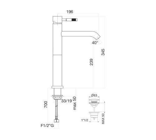 Высокий смеситель для раковины Fiore XENON 44CR5288, хром (с донным клапаном)