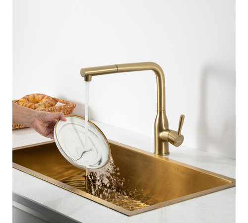 Смеситель для кухни с выдвижным изливом и режимом душ FRAP F6096-3, золотой сатин