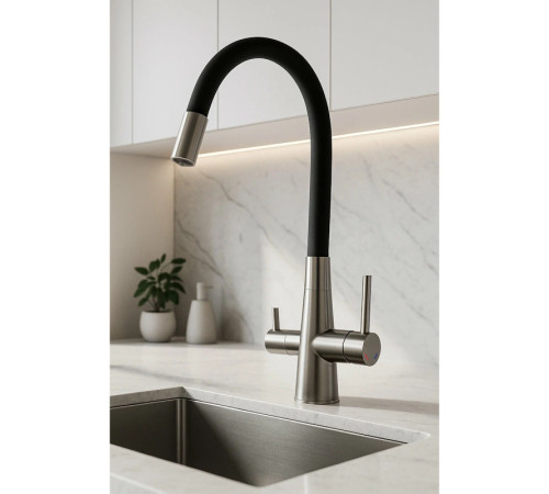 Смеситель для кухни с гибким изливом и подключением фильтра Esko Kitchen CL03GMB, оружейная сталь/черный