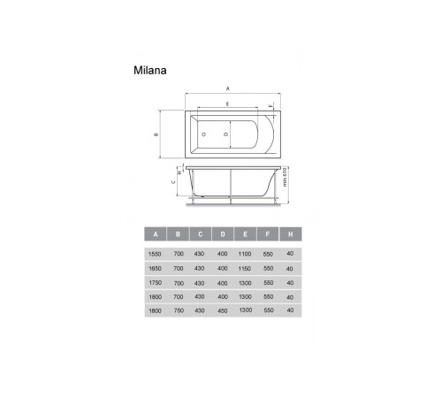 Ванна акриловая Vayer Milana Гл000024278, 180x75