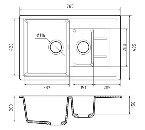 Кухонная мойка GranFest QUADRO 775KL, графит