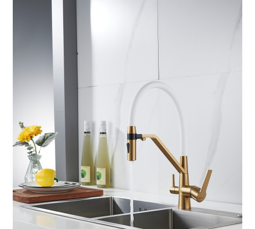 Смеситель для кухни с гибким изливом и подключением фильтра Shevanik S278G, золотой сатин