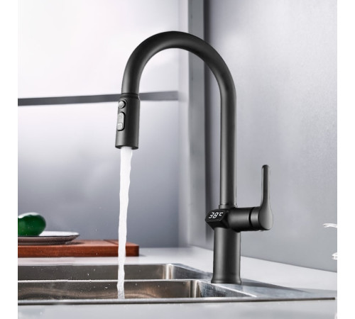 Смеситель для кухни с выдвижным изливом и дисплеем Esko Kitchen K15B LED, черный