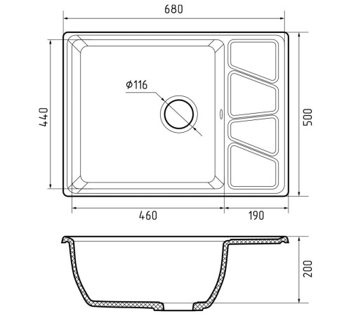 Кухонная мойка GranFest VERTEX 680L, графит