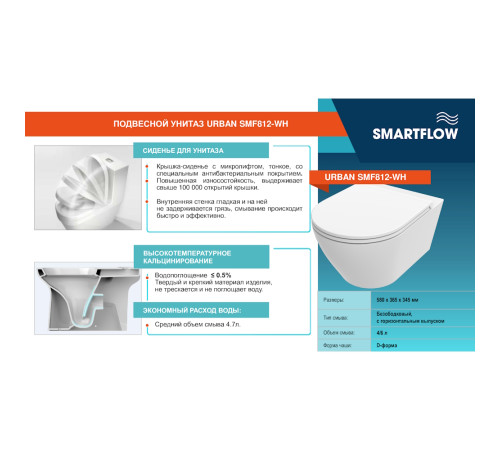 Унитаз подвесной SMARTFLOW URBAN безободковый с микролифтом, SMF812-WH, белый